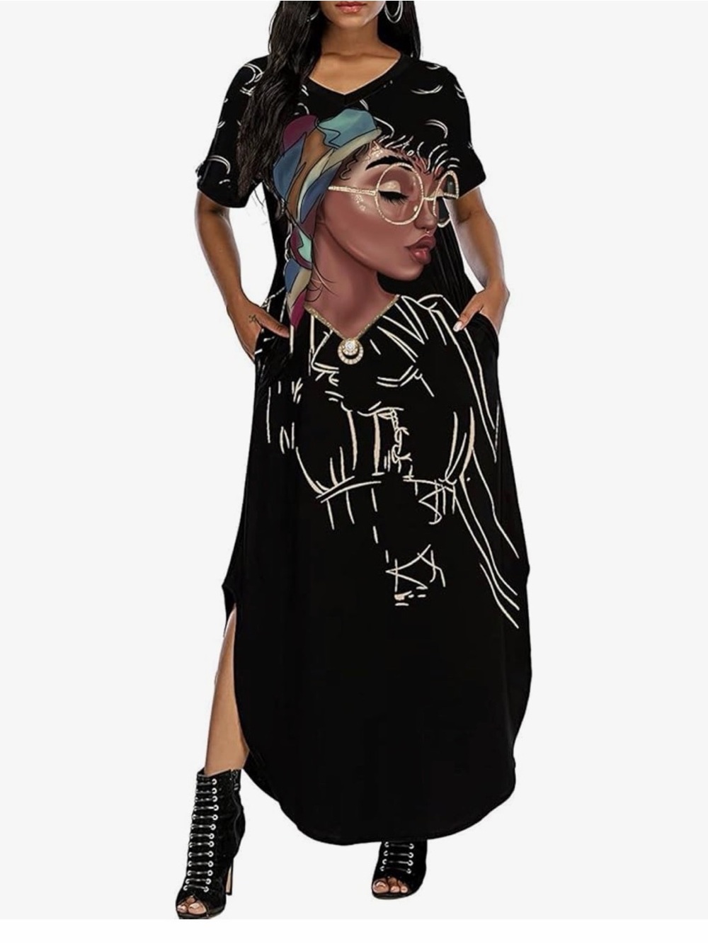Graphic Black Maxi Dress with Artistic Portrait
